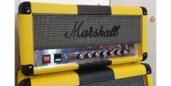 Cheapest ❤️ Marshall Design Store 2525H And 2536A Yellow With Black Stripe Half Stack 🌟 -Cheap Guitar Store marshall custom shop 2525h and 2536a yellow with black stripe half stack head front angle
